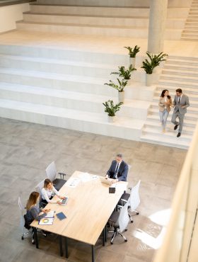 Aerial view young startup team working in the modern office