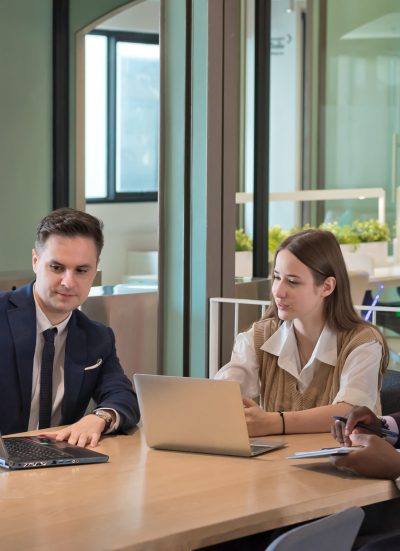 business people or diverse colleagues working and meeting in modern office.