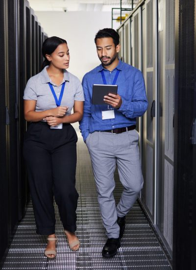 People, server room and teamwork on tablet, cybersecurity, engineering and programming or coding so.